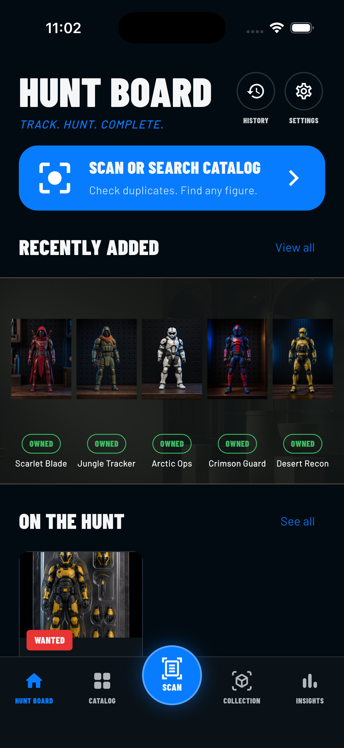 Figure Ledger Hunt Board with scan, recently added, and wanted figure sections